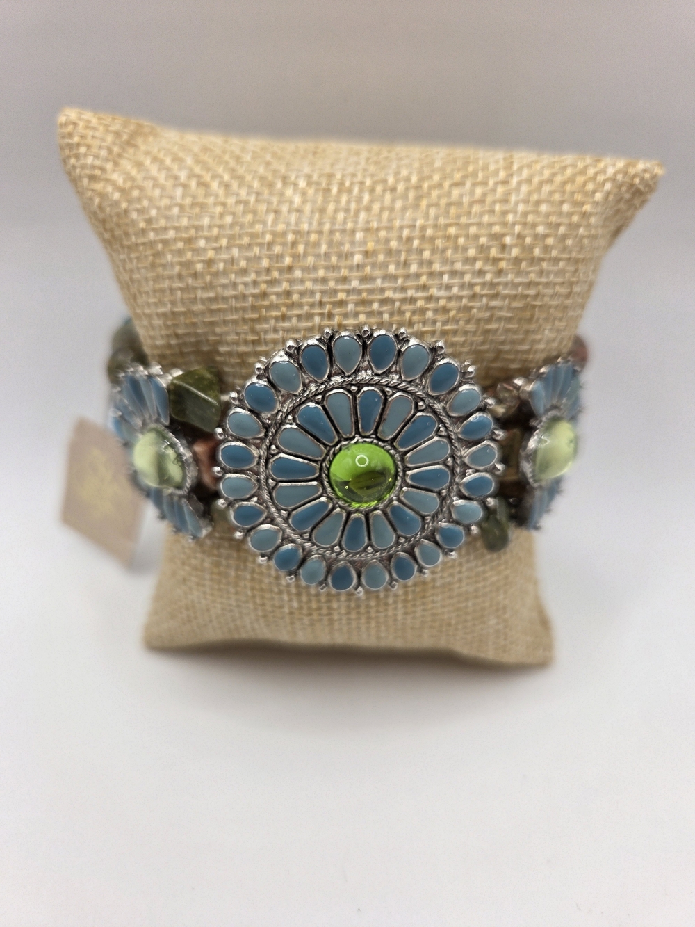 1643. Kirks Folly Blue and Green Floral Medallion Stretch Bracelet NWT